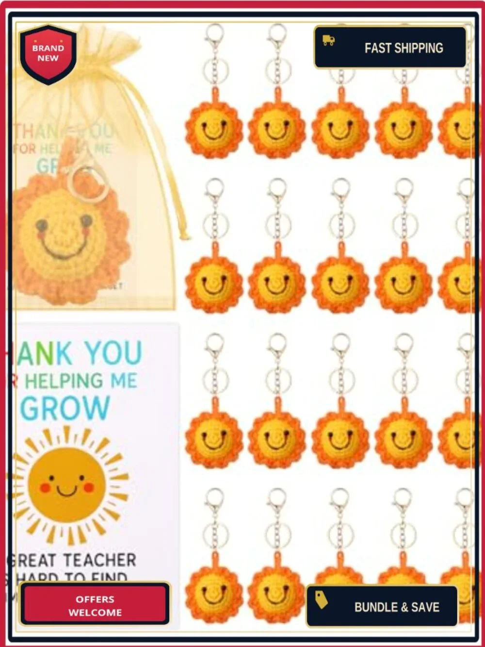 Handmade Crochet Sunflower Keychain Set for Teachers Thank You Gift with Cards